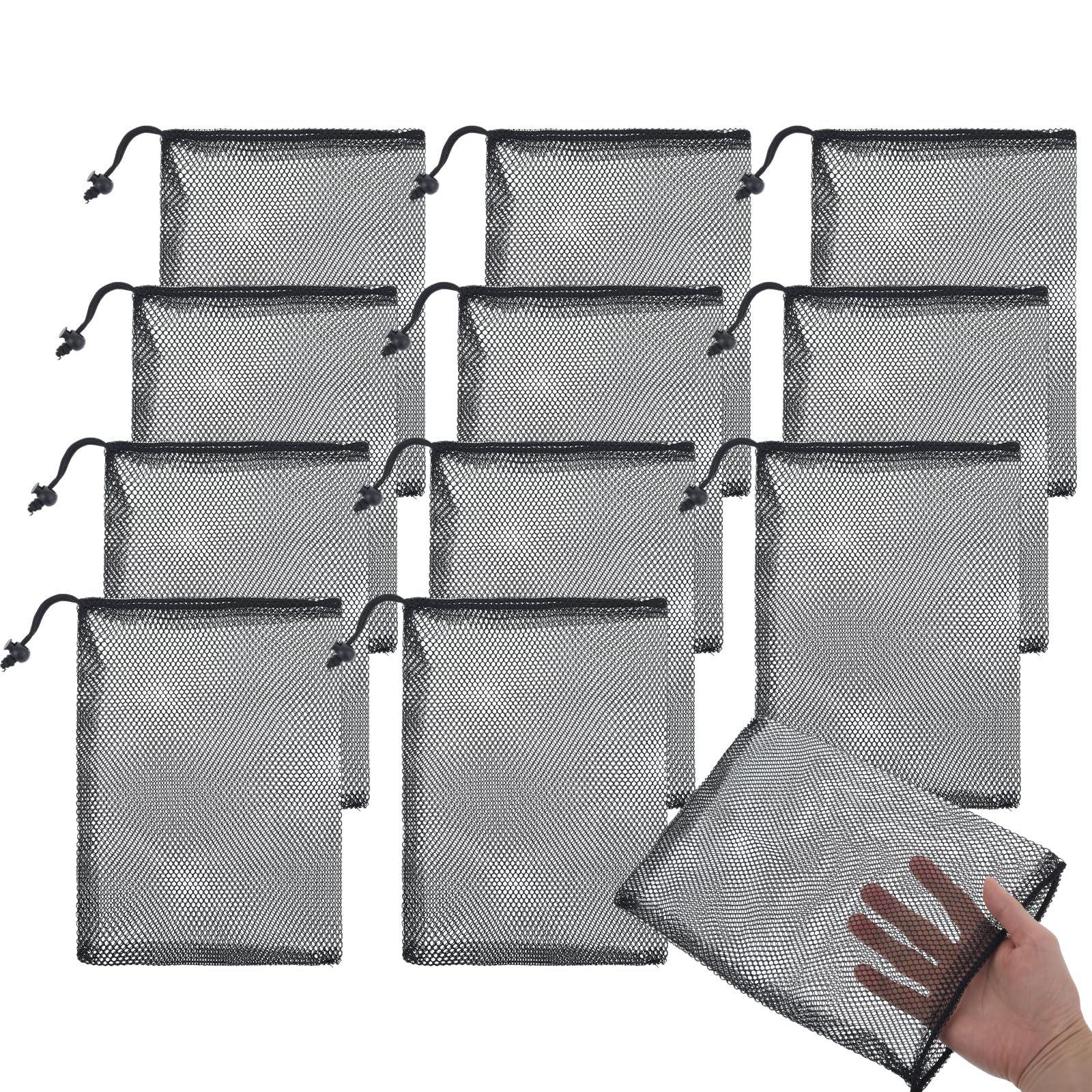 12 Pack Black Mesh Drawstring Bags - 11.5 x 7.5 Inch Nylon Net Laundry Bags for Gym, Travel & Sports Equipment Storage - Perfect for Basketball, Football & Camping Organization