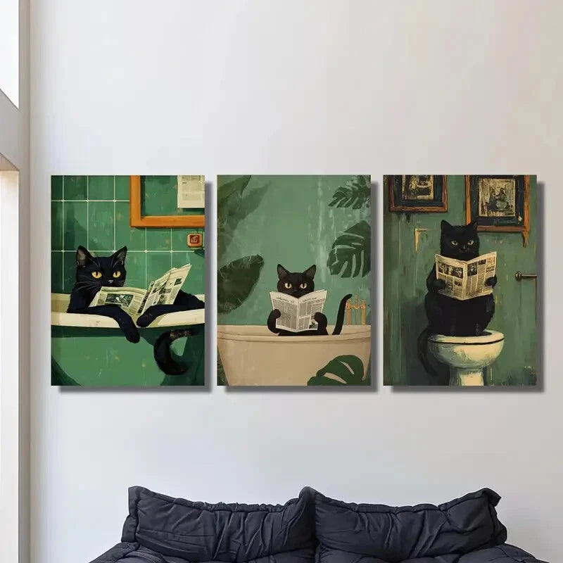 3-Piece Art Deco Black Cat Metal Wall Art Prints - Ready to Hang Home Decor for Living Room, Bedroom & Office