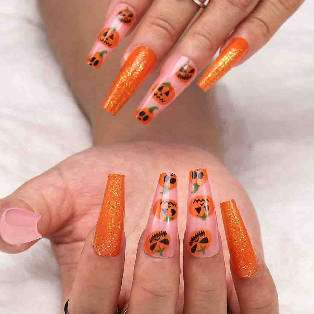Halloween Orange Pumpkin Coffin Press-On Nails - Extra Long Acrylic Fake Nails with Spooky Designs, 24Pcs Full Cover Stick-On Nails for Women & Girls - Perfect for Halloween Parties, Costumes, and Festive Nail Art