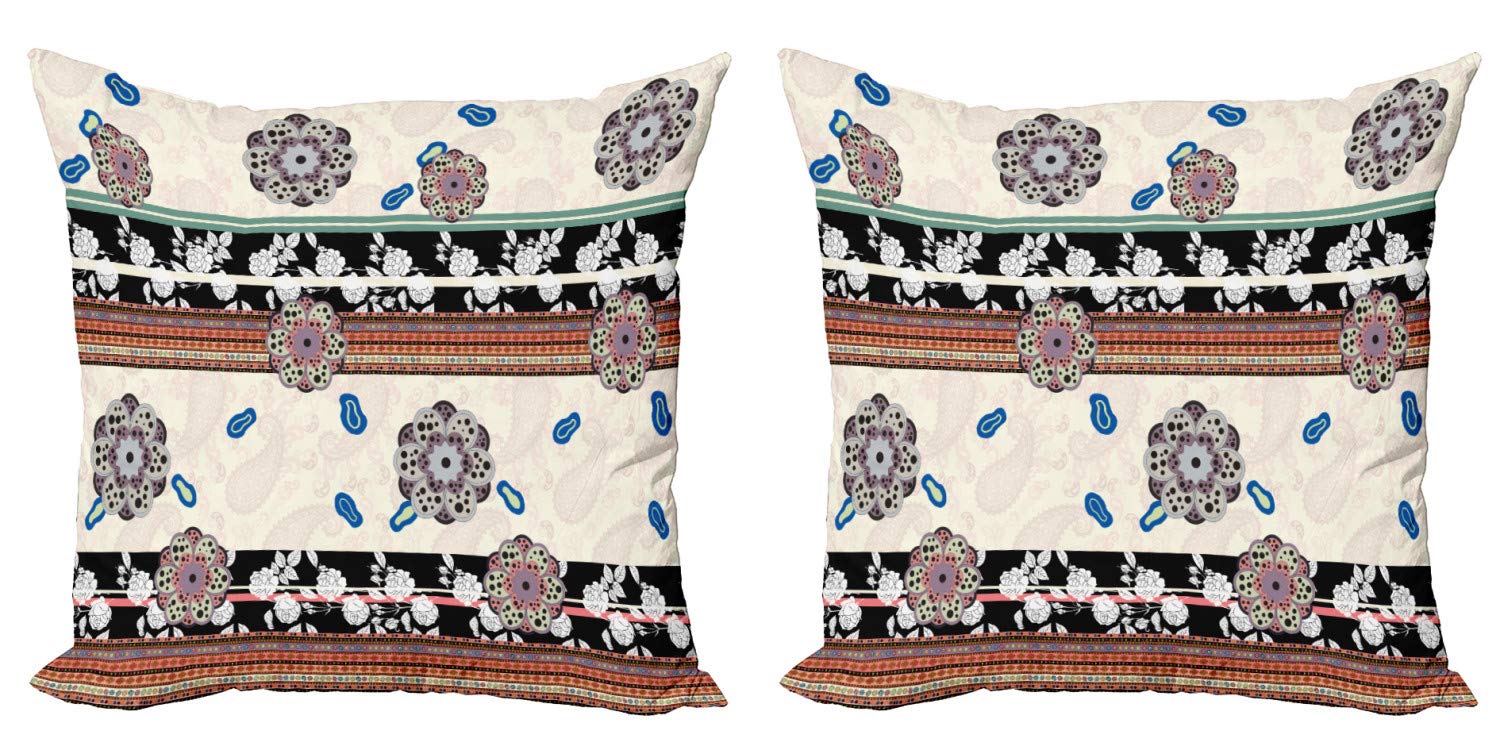 Ambesonne Floral Decorative Throw Pillow Covers Set of 2 - Abstract Dotted Petals & Oriental Stripes Design - 18 Inch Square Cushion Covers for Sofa, Bed, Living Room - Multicolor Home Decor Accent for Cozy & Stylish Interiors