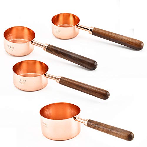 Premium Stainless Steel Measuring Cups and Spoons Set with Walnut Handle - 8-Piece Baking Essentials (4 Cups + 4 Spoons) in Elegant Rose Gold - Perfect for Home Baking, Cooking, and Gift Giving