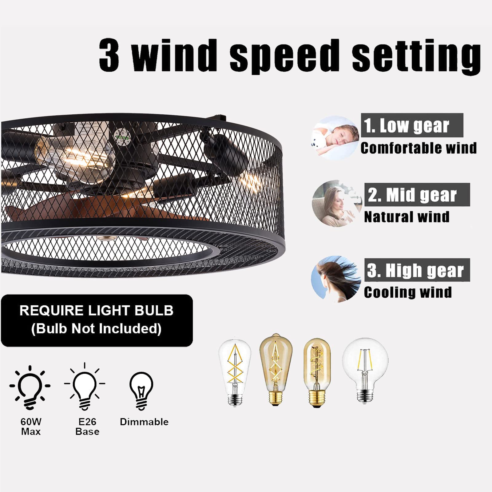20 Inch Black Iron Caged Ceiling Fan with Light - 3 Speed Adjustable Remote Control, Low Profile Flush Mount Chandelier - Perfect for Bedroom, Dining Room, Living Room & Home Office Decor