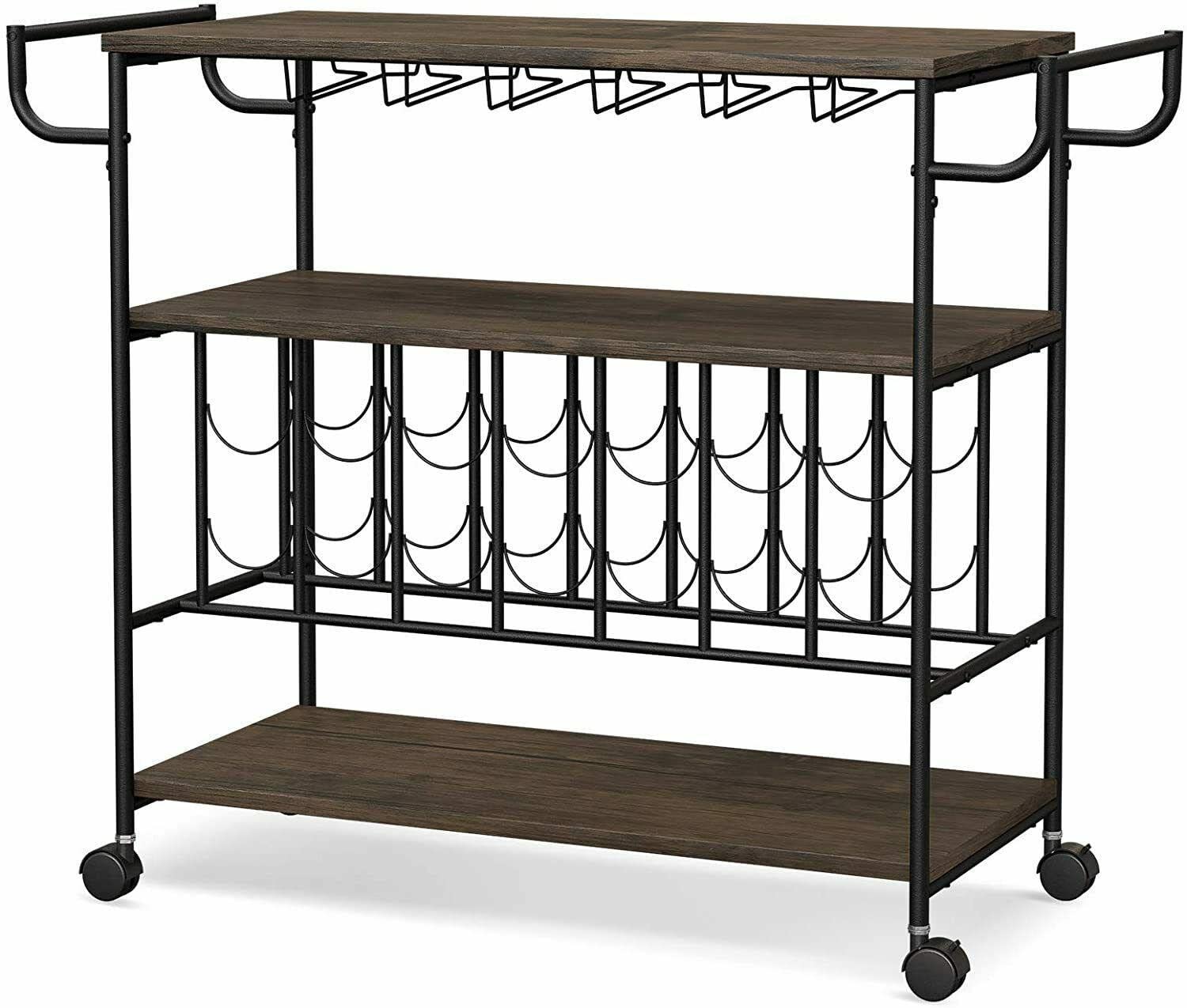 3-Tier Rolling Bar Cart with Wheels - Wine Rack & Bottle Storage, Glass Shelf Kitchen Serving Cart for Home, Hotel, and Restaurant Use - Portable Folding Beverage Cart for Parties and Entertaining