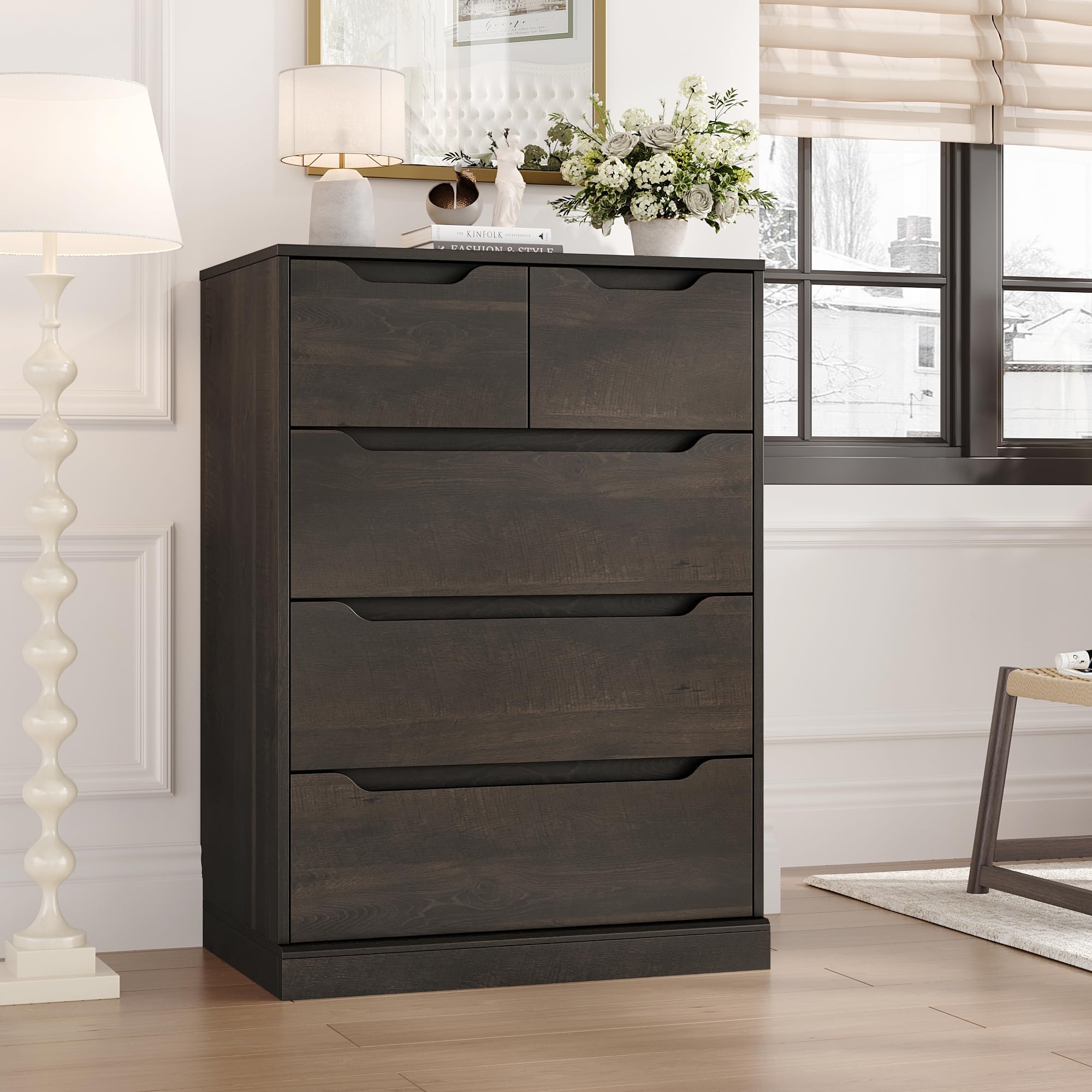 Modern 5-Drawer Wood Dresser for Bedroom - Dark Brown Storage Chest with Cut-Out Handles, Organizer Cabinet for Clothes & Accessories - Perfect for Bedroom, Living Room, Entryway & Hallway Storage Solutions