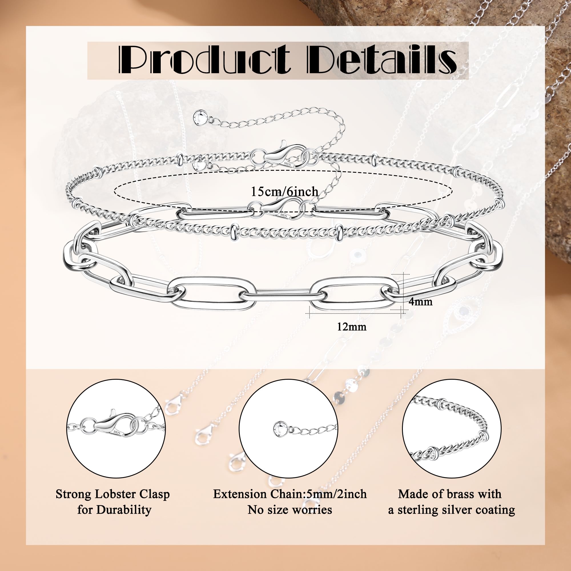 MILACOLATO 925 Sterling Silver Paperclip Chain Bracelet for Women - 14K White Gold Plated, Diamond-Cut Design, Adjustable Layered Satellite Beads - Perfect for Everyday Wear, Gifts & Special Occasions