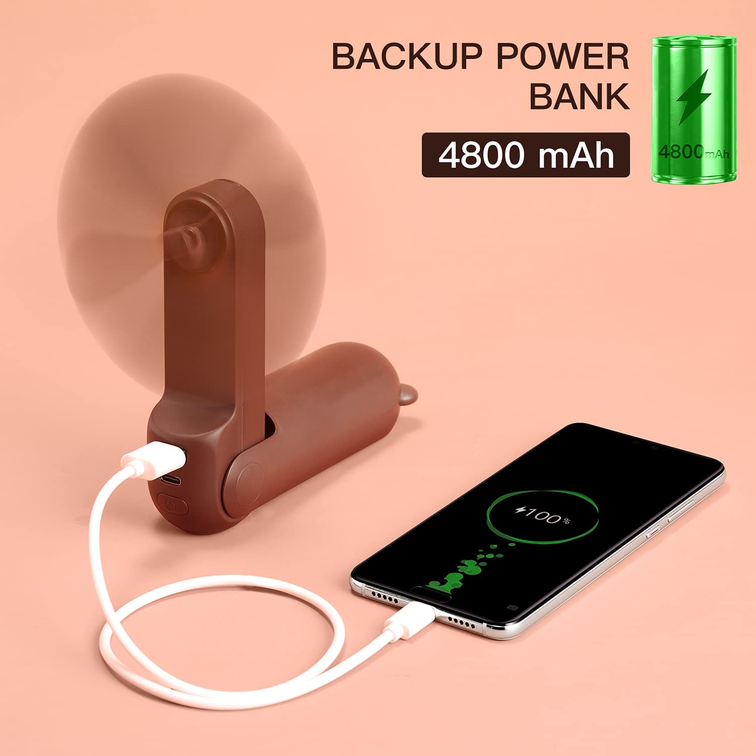 JISULIFE Portable Handheld Fan with 4500mAh Power Bank | 13-46 Hours Runtime | 3-Speed Rechargeable Folding Mini Fan | Enhanced Airflow & Quiet Operation | Perfect for Home, Office, Travel, Camping & Outdoor Activities - Brown