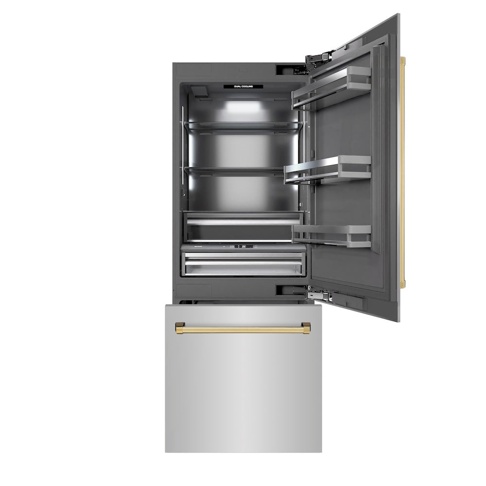 ZLINE Autograph Edition 30 Inch Built-In Bottom Freezer Refrigerator - 16.1 cu ft Capacity, Stainless Steel with Graphite Gray Interior & Polished Gold Accents - Water Dispenser & Ice Maker - Perfect for Modern Kitchens & Open-Concept Homes (GRBIVZ 304 30G)