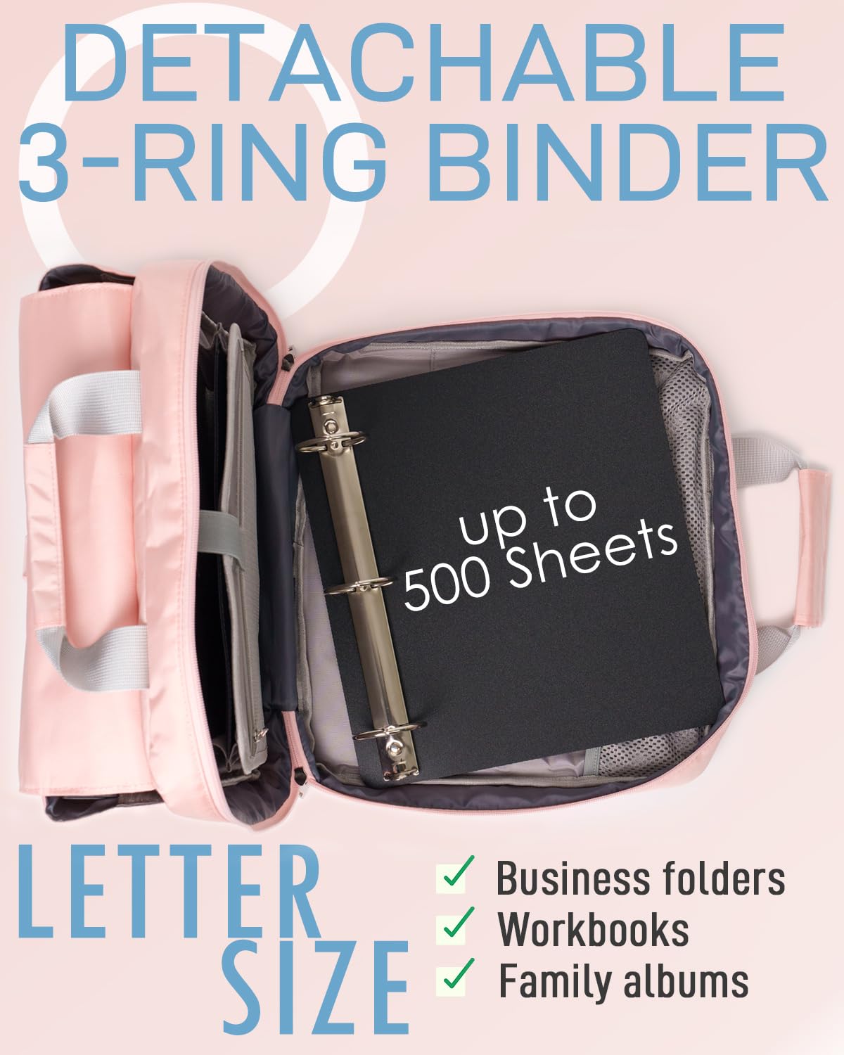 3 Ring Zipper Binder 2 Inch - Large O-Ring Organizer Binder with Handle & Adjustable Shoulder Strap, 14-Inch Laptop Pocket for Chromebook - Pink School & Office Supplies for Students, Teachers & Professionals