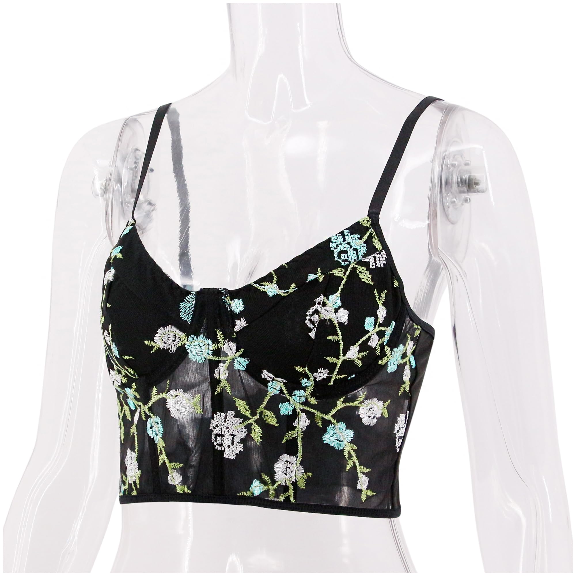 Floral Embroidery Corset Crop Top for Women - Sheer Mesh Bustier with Push Up, Fashion Slim Tank Top for Party, Date Night & Summer Outfits