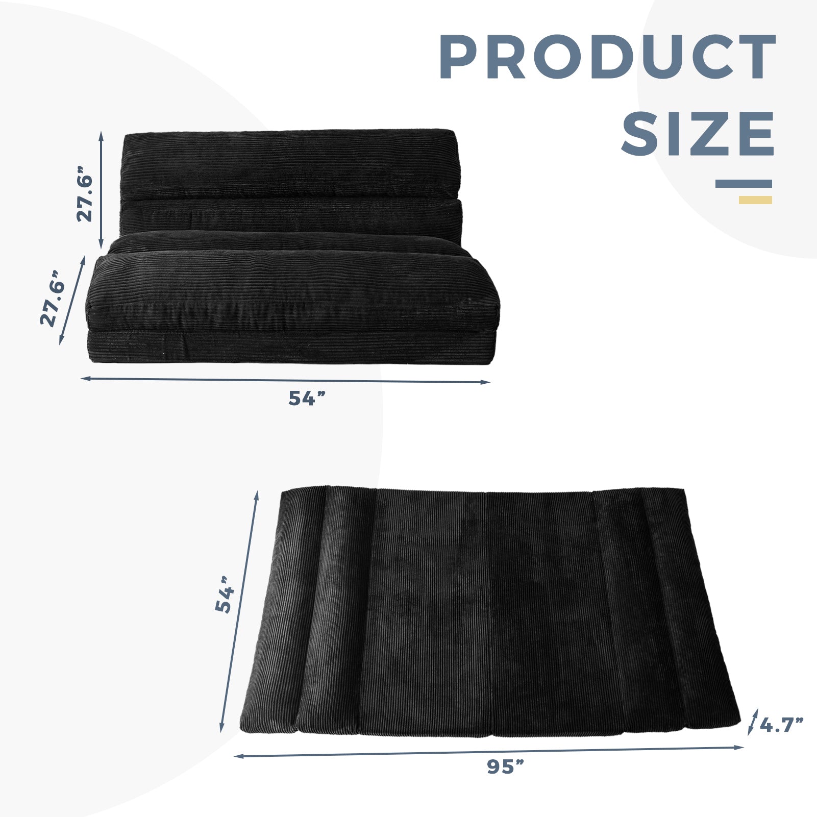 MAXYOYO Extra Wide Corduroy Bean Bag Folding Sofa Bed - Convertible Floor Mattress for Living Room, Bedroom & Guest Room (Black)