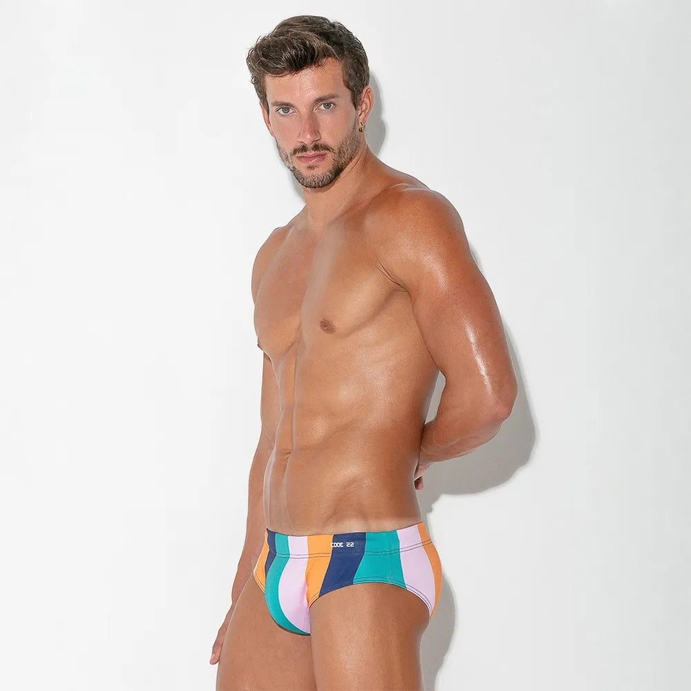 Code 22 Bold Stripe Enhancing Swim Brief 24071 - High Waisted Men's Swimwear for Beach & Pool | Comfortable Swim Trunks for Summer Vacation & Water Sports