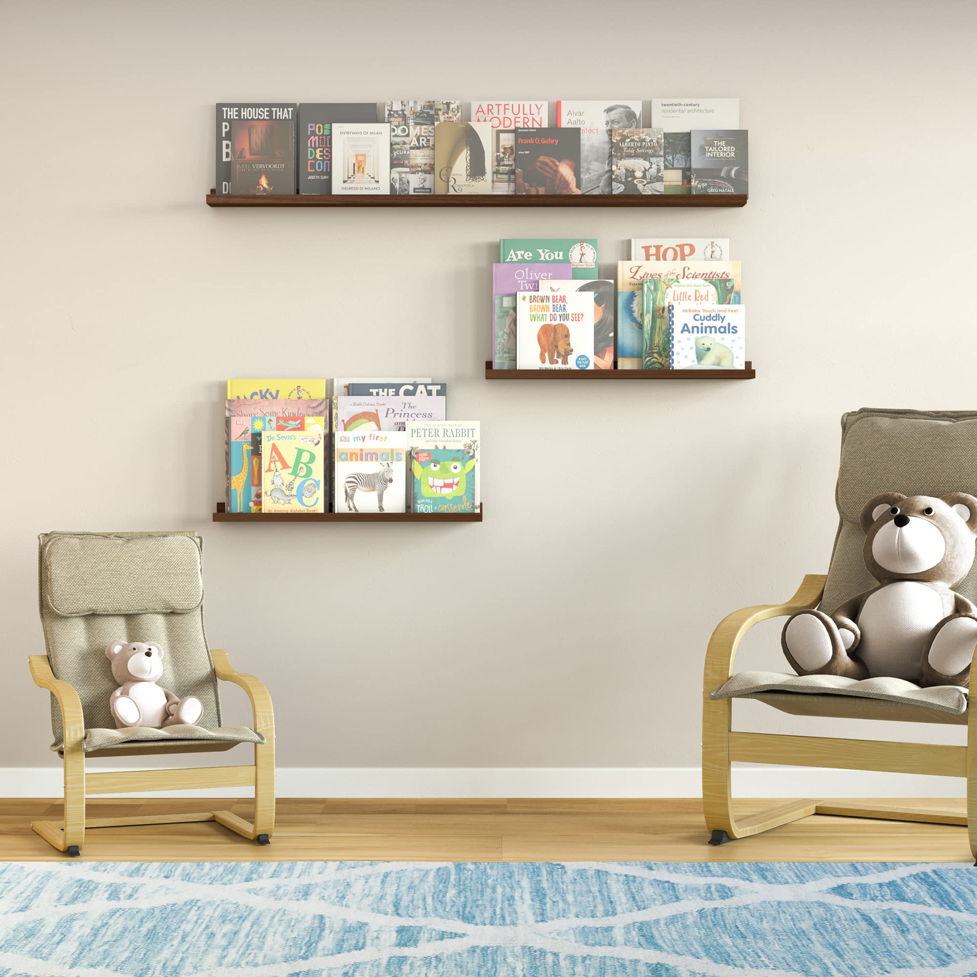 Wallniture Denver Floating Shelves Set of 3 - Multi Size Picture Ledge for Living Room, Office & Bedroom - Walnut Wood Wall Decor for Books, Photos & Display - Space Saving Home Organization Solution
