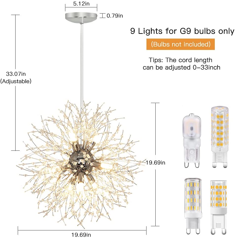 Depuley Modern Crystal Chandelier - 8/9/12 Light Dandelion Firework Pendant Lighting Fixture with Chrome Finish & G9 Bulbs | Elegant Ceiling Light for Living Room, Dining Room, Kitchen Island, Hallway, Entryway, Bedroom, and Foyer Decor