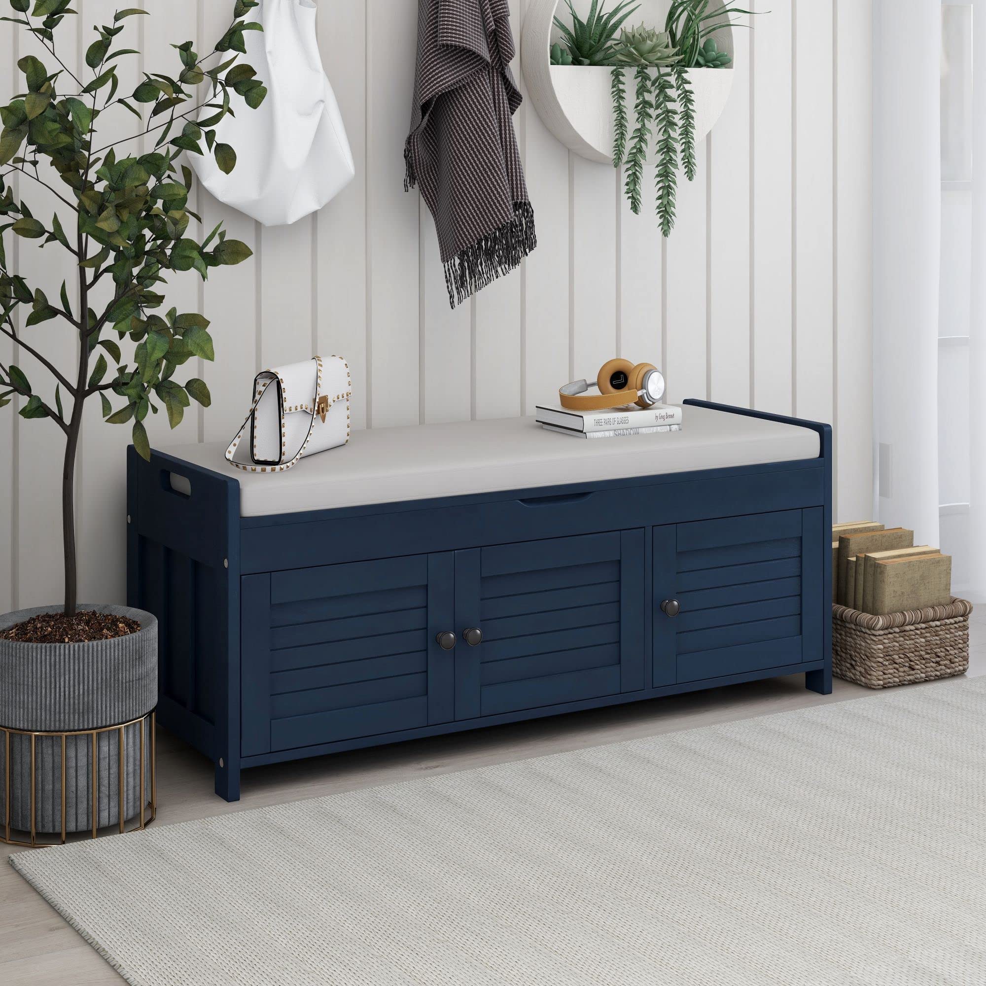 DERCASS Storage Bench with 3 Shutter Doors - Shoe Bench with Removable Cushion & Hidden Storage - Entryway, Living Room, Hallway Organizer - Antique Navy - Perfect for Small Space Organization & Home Decor
