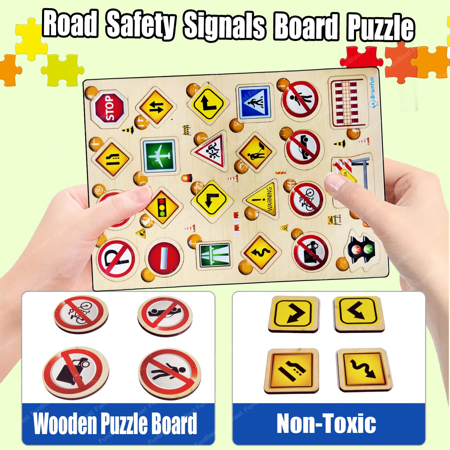 FunBlast Wooden Road Safety Signals Learning Board - Colorful Educational Toy for Kids, Boys & Girls | Traffic Sign Puzzle for Early Childhood Learning & Playroom Activities
