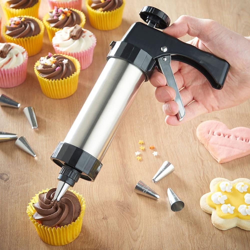 Stainless Steel Cookie Press Machine - 13 Cookie Mould Discs & 8 Piping Nozzles for DIY Biscuit Making, Cake Decorating | Perfect for Holiday Baking, Party Treats & Home Dessert Crafting