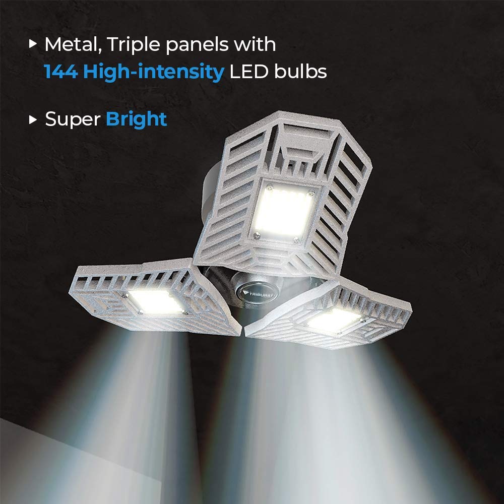 Bell+Howell Triburst Deluxe 5500 Lumens LED Ceiling Light - Ultra Bright 144 LED Bulbs, 6500K Daylight White - Adjustable Triple Panel for Bedroom, Garage, Workshop & Office Lighting