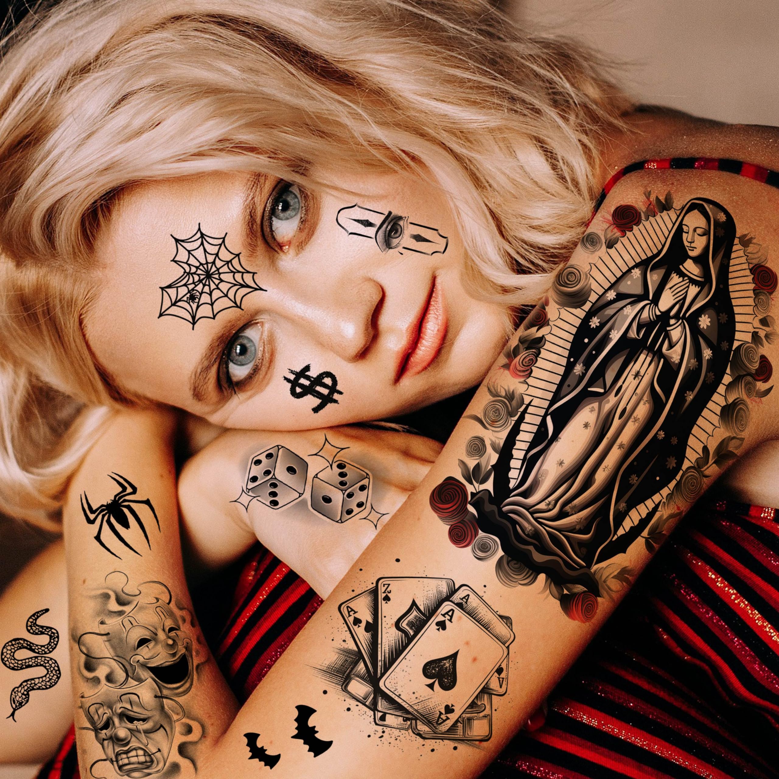 6 Sheets Chicano Temporary Tattoos for Women & Men - Black Guadalupe Fake Tattoo Stickers - Halloween Face Makeup Kit - Gangster Payasa Prison Familia Joker Design - Perfect for Halloween Costumes, Parties, and Themed Events