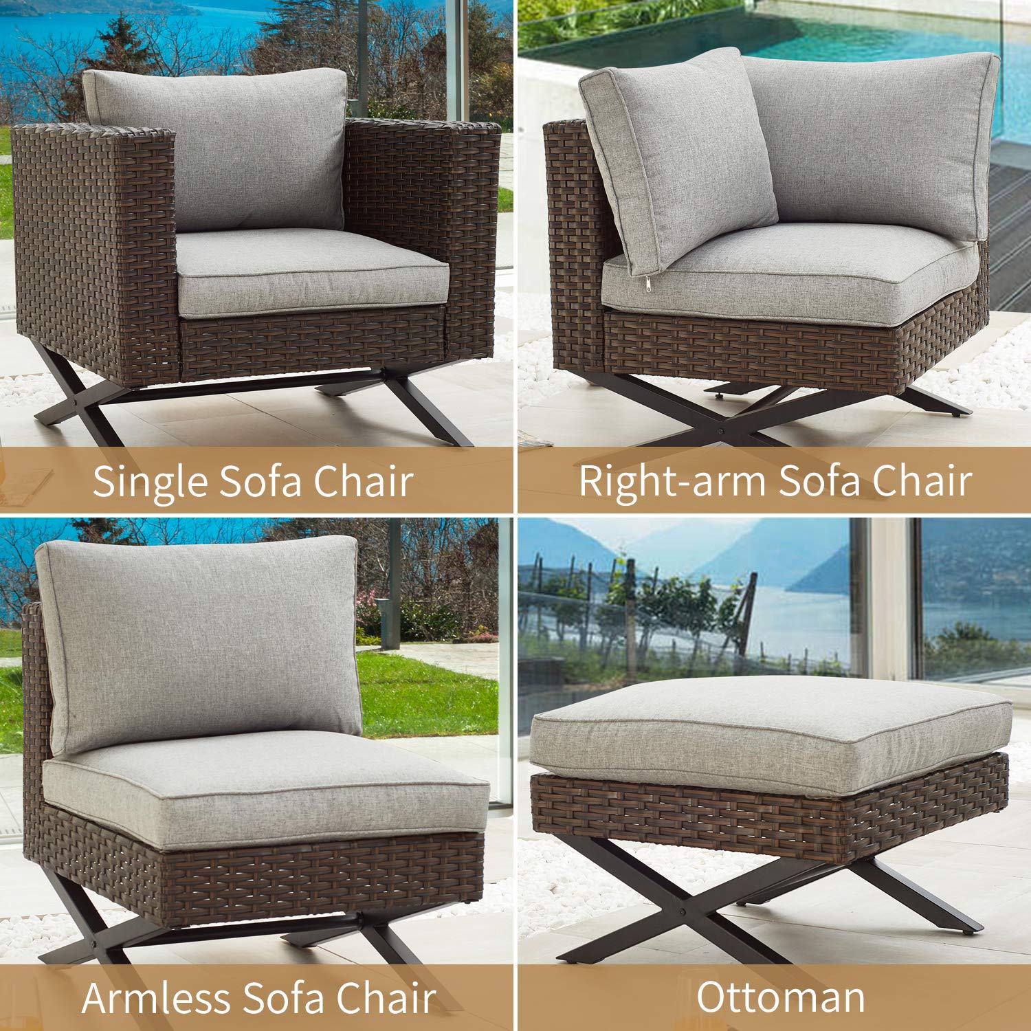 PatioFestival 6-Piece X-Leg Sectional Outdoor Conversation Set with All-Weather Cushions - Perfect for Backyard, Garden & Poolside Relaxation