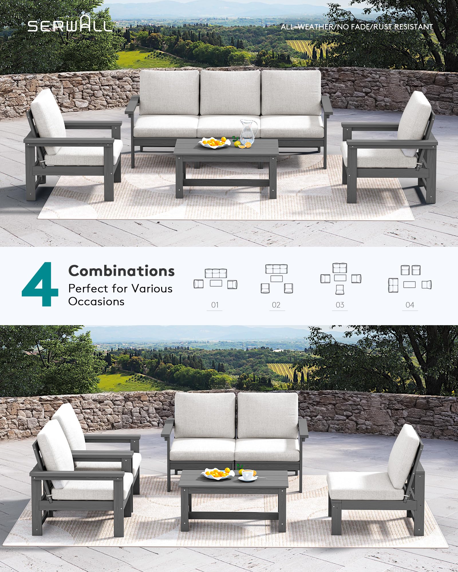 SERWALL 6-Piece HDPE All-Weather Outdoor Patio Furniture Set - Grey Sectional Couch with Cushions for Deck, Garden, Backyard & Poolside Relaxation | Durable Conversation Set for Lawn, Porch & Outdoor Living Spaces
