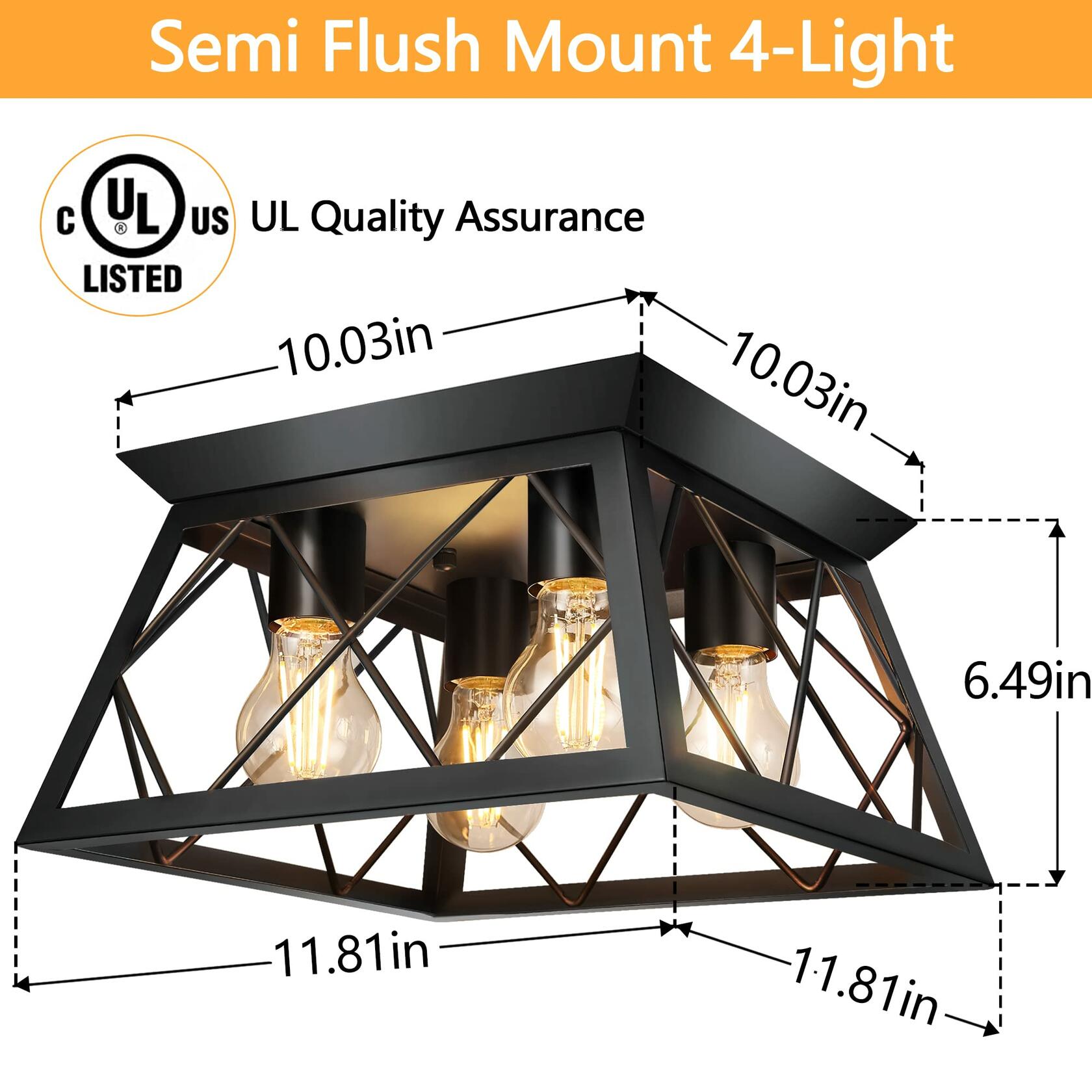 4-Light Black Industrial Flush Mount Ceiling Light Fixture - Bulb Not Included - Perfect for Kitchen, Bathroom, Bedroom or Hallway Lighting