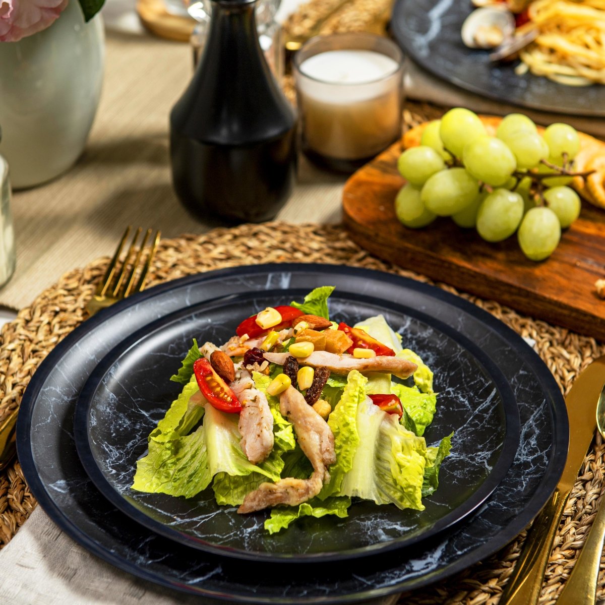 12-Piece Marble Melamine Plate and Bowl Set - Durable Black Dinnerware for Indoor & Outdoor Dining, Picnics, and Parties