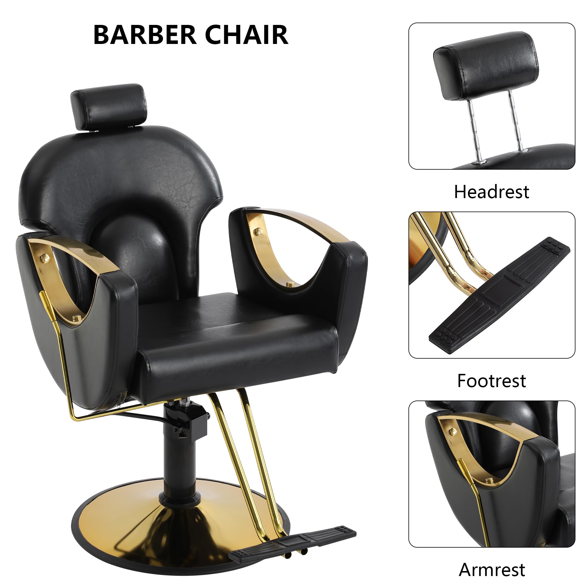 KIGOTY Professional Barber Chair - Adjustable Height Reclining Salon Chair for Hair Stylists & Tattoo Artists - Multi-Functional Shampoo & Beauty Chair - Black - Ideal for Hair Salons, Barbershops & Tattoo Studios