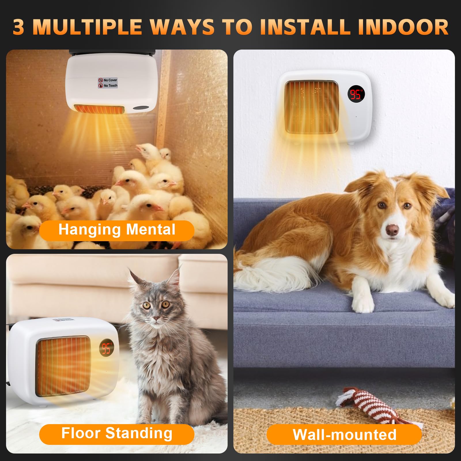 Dog House Heater with Thermostat - 300W/600W Wall-Mounted Pet Heater with Anti-Chew Cord & Overheat Protection - Ideal for Dog Kennels, Cat Cages, Chicken Coops & Outdoor Pet Houses - Keep Your Pets Warm in Winter