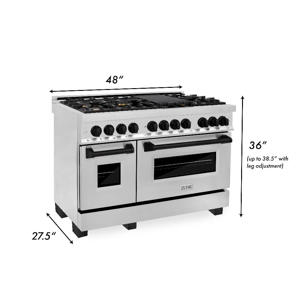 ZLINE Autograph Edition 48-inch Stainless Steel Dual Fuel Range Kitchen Package with Range Hood, Dishwasher & Refrigerator - Matte Black Accents & External Water Dispenser (4AKPR RARHDWM48 MB) | Premium Kitchen Appliances for Modern Homes & Professional Chefs
