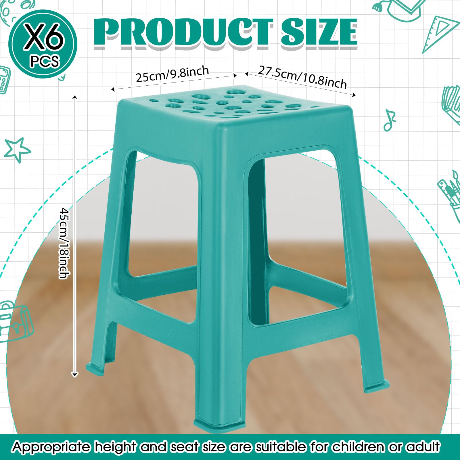 Leinuosen 6-Pack 18-Inch Lightweight Plastic Stackable Stools - Modern Decorative Seating for Classroom, School, Home Office & Shower (Teal) | Perfect for Kids, Students & Compact Spaces