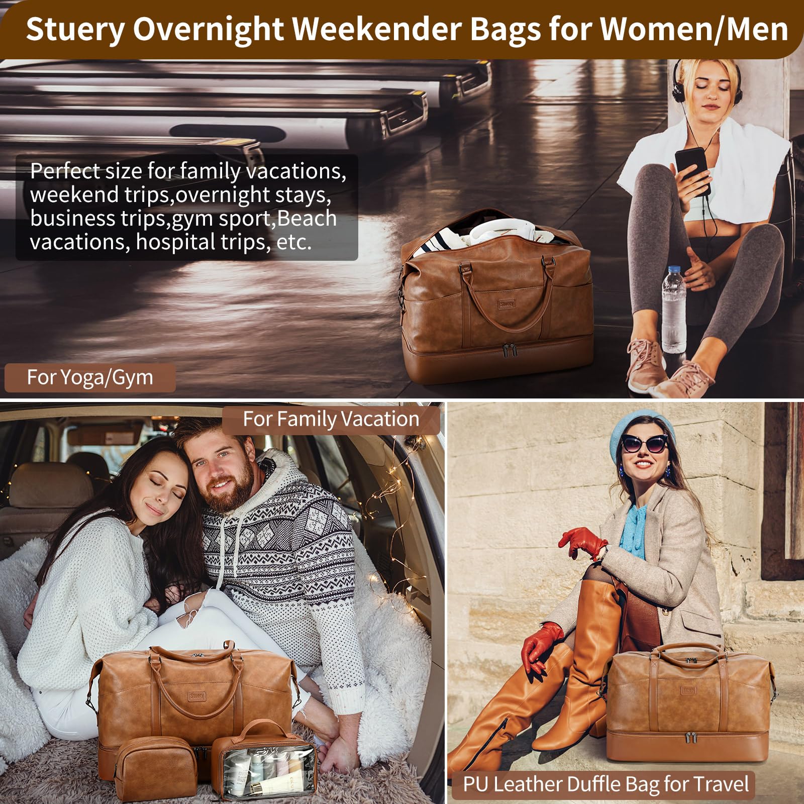 Women's Faux Leather Weekender Bag - Large Travel Duffel Carry On with Shoe & Laptop Compartment - Perfect for Overnight Trips, Airplane Travel, Gym & Weekend Getaways (Brown)