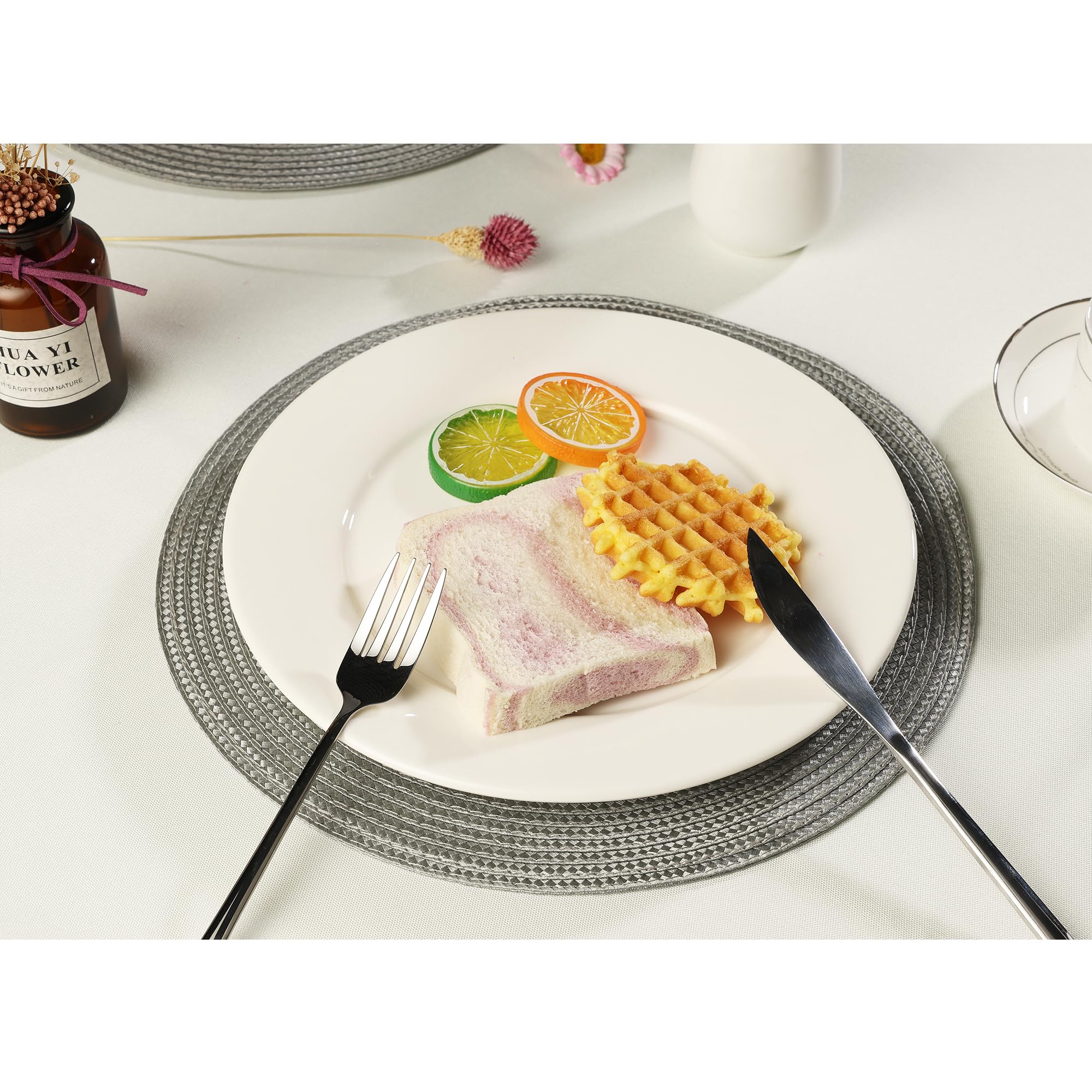 Round Heat-Resistant Anti-Slip Placemats Set of 6 - 12.6 Inch Washable Gray Table Mats for Dining Room, Kitchen & Outdoor Use (32CM) - Perfect for Everyday Meals, Dinner Parties and Picnics