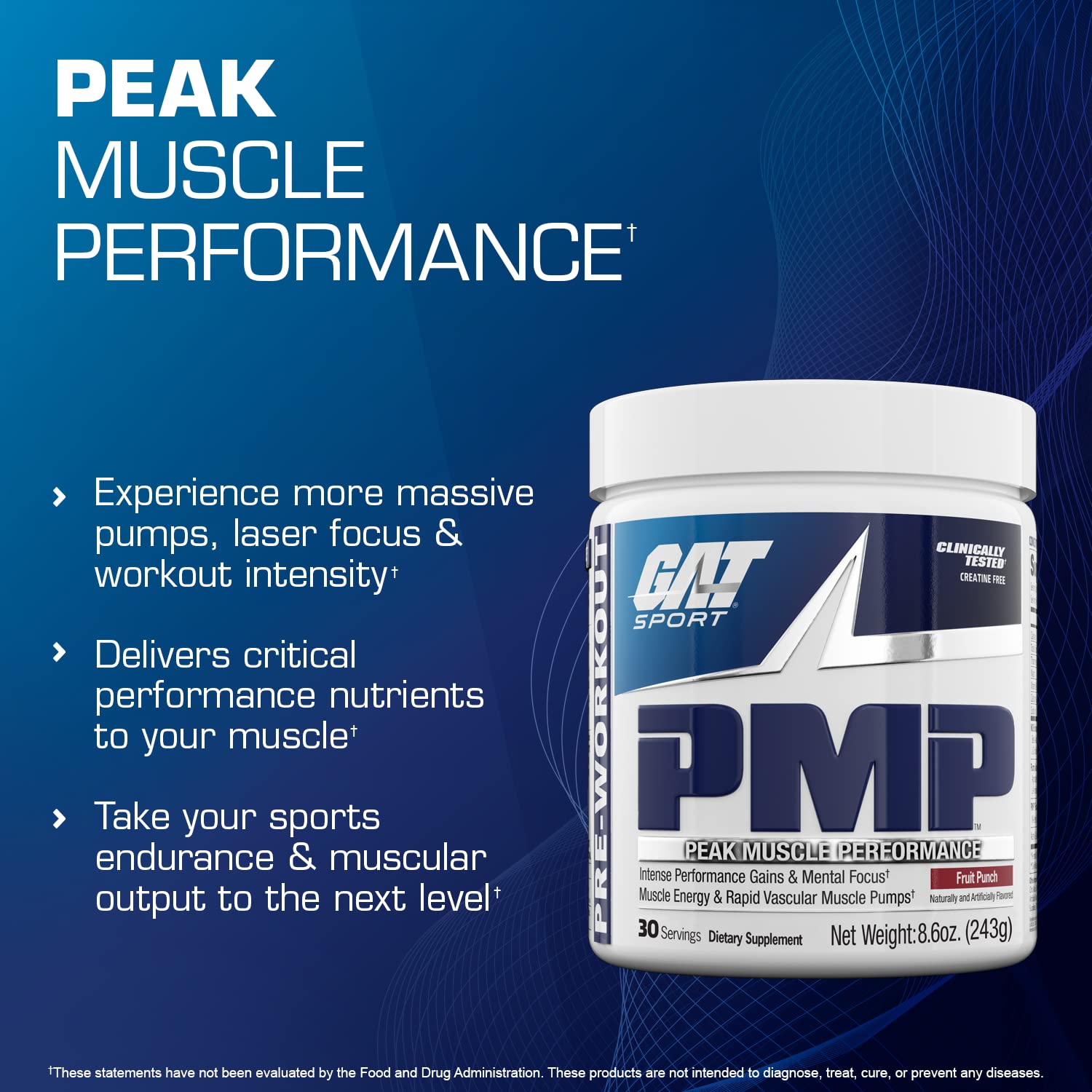 GAT SPORT PMP Peak Muscle Performance Pre-Workout Powder - 30 Servings Fruit Punch Flavor for Energy & Focus - Ideal for Gym, Bodybuilding & Fitness Training