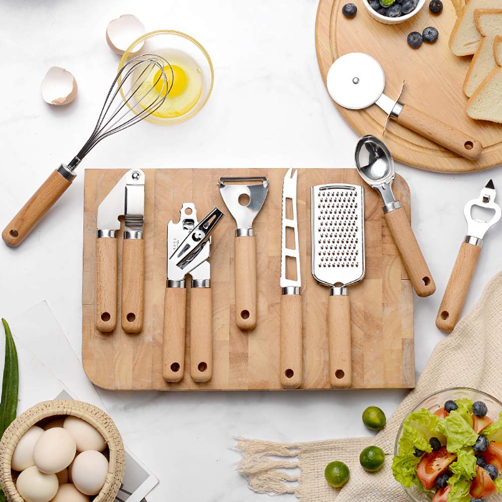 9-Piece Stainless Steel Kitchen Utensil Set with Wooden Handle - Spoon, Whisk, Peeler, Cutter, Grater, Can Opener, Garlic Press, Corkscrew & Knife - Heat Resistant & Anti-Slip for Cooking, Baking & Food Prep