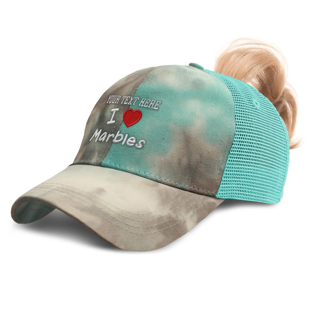 Custom Women's Ponytail Cap with Red Heart & Marble Design - Perfect for Running, Gym, and Outdoor Activities - Love & Hobbies Themed Baseball Hat for Women