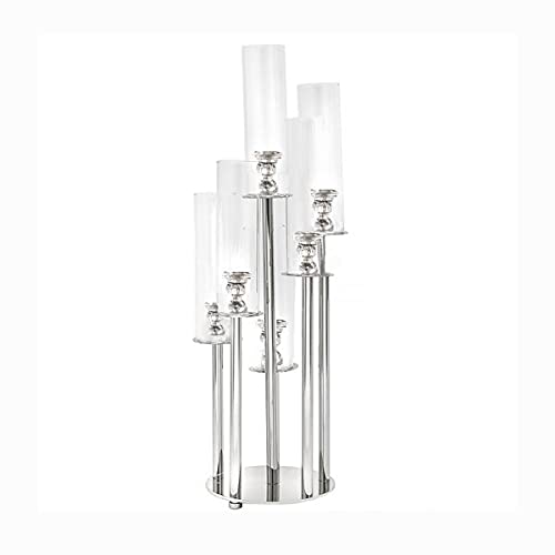 33-Inch Clear 7-Arm Crystal Glass Candelabra Candle Holder for Wedding Centerpiece, Party Decor, Home Dining Table & Church Events - Elegant Votive Pillar Candle Stand for Romantic Ambiance