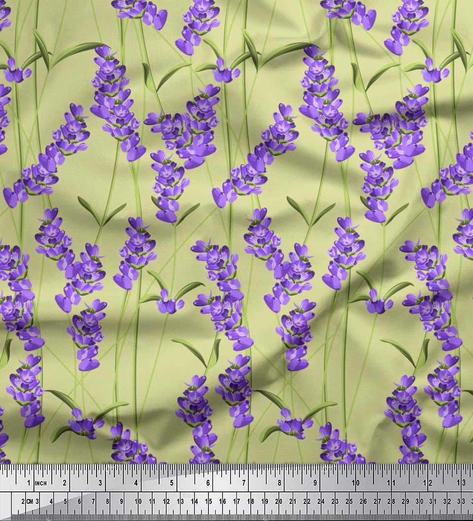 Soimoi 100% Silk Crepe Fabric - Leaves & Lavender Floral Print - 42 Inch Wide by The Yard - Perfect for Dresses, Blouses, Scarves & DIY Sewing Projects