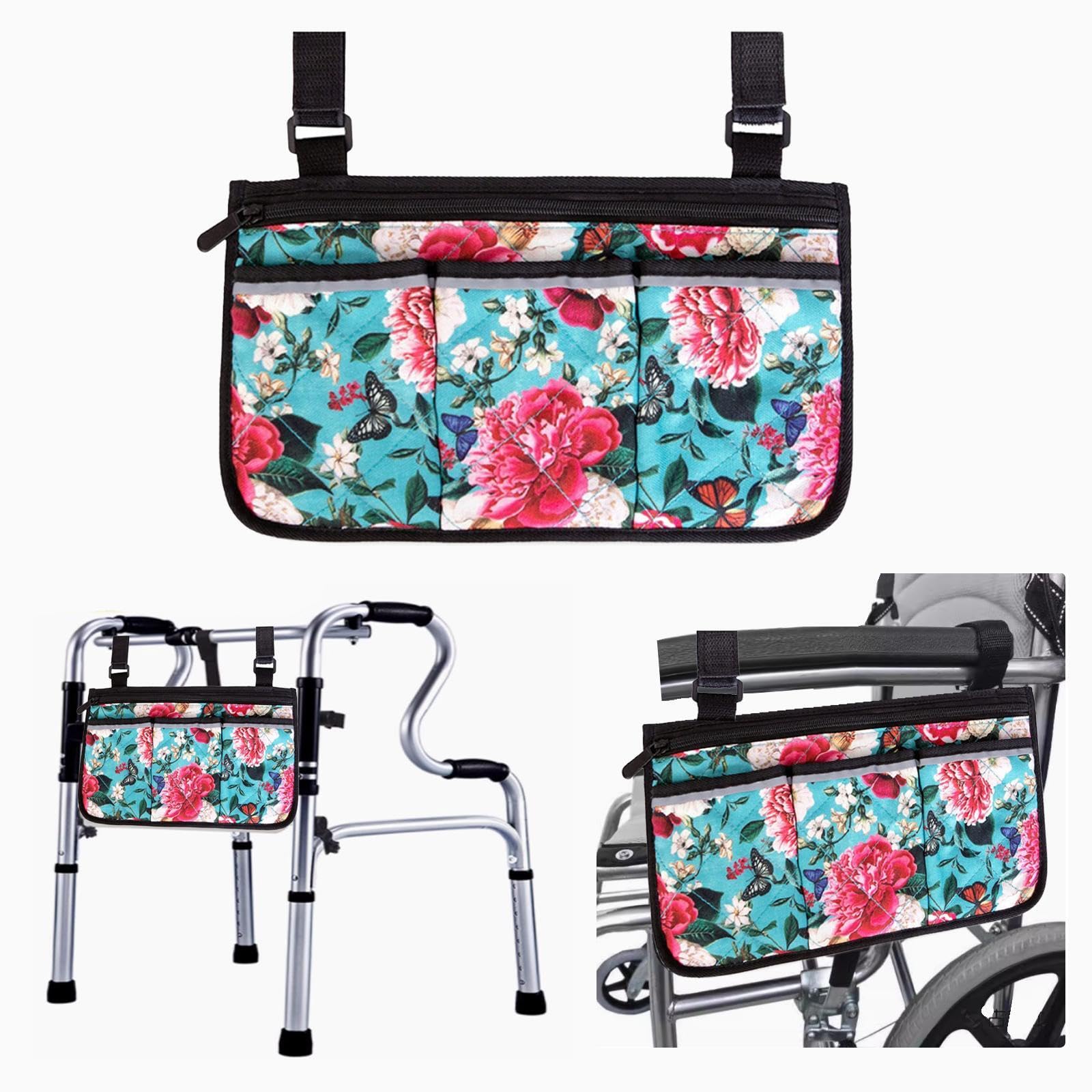 Printed Wheelchair Side Bags with Pockets - Durable Walker Accessories for Seniors | Hanging Pouches for Armrests & Mobility Aids | Perfect for Daily Essentials, Medication & Personal Items Storage
