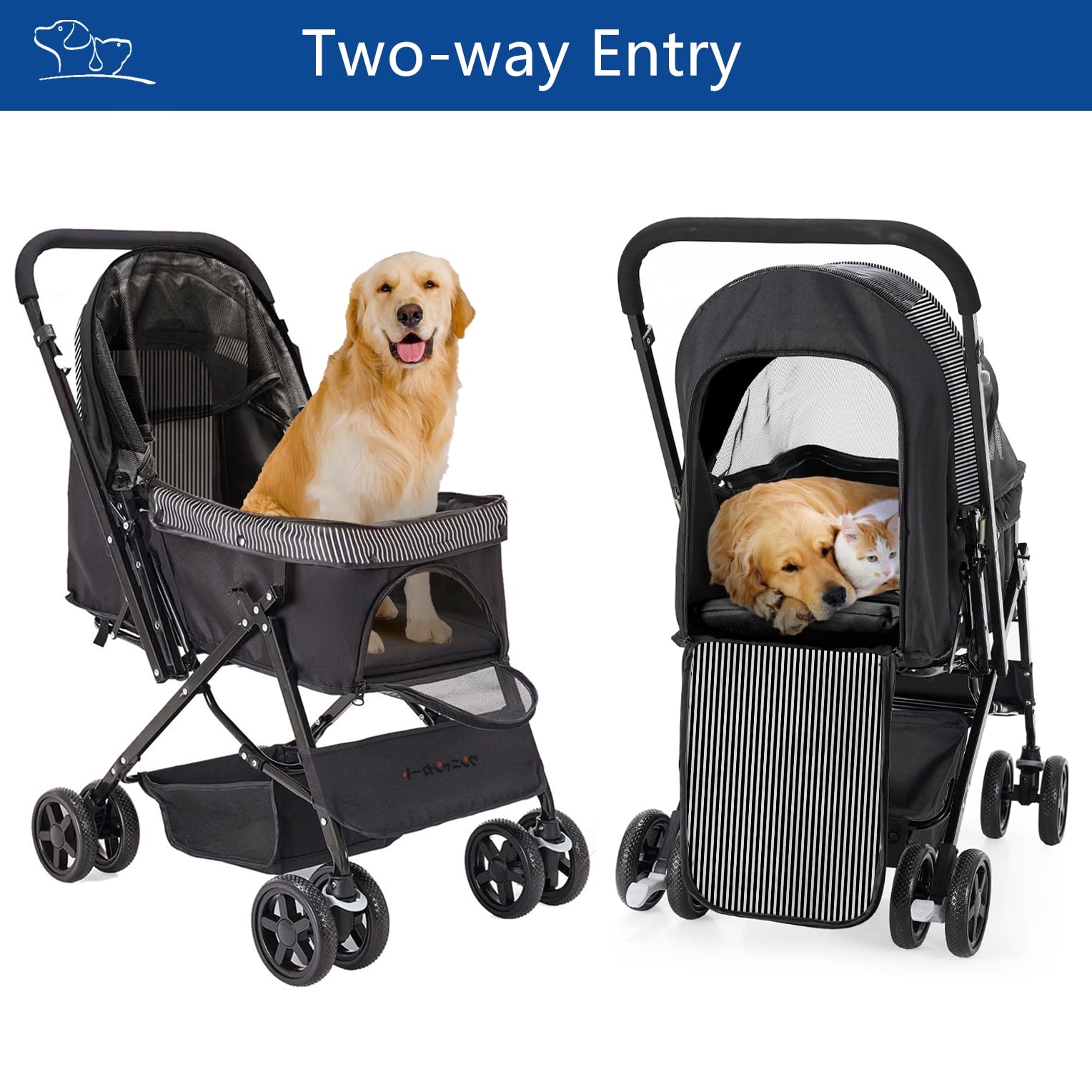 **Foldable Dog Stroller for Large & Medium Dogs & Cats - Reversible Handle, Large Storage Basket - Perfect for Travel, Walks & Vet Visits (Black)**