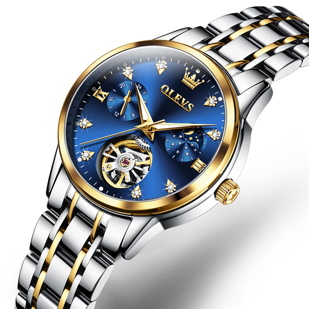 OLEVS Women's Luxury Automatic Diamond Self-Winding Dress Watch with Moon Phase & Luminous Blue Dial - Stainless Steel Waterproof Wristwatch for Business, Party & Formal Occasions