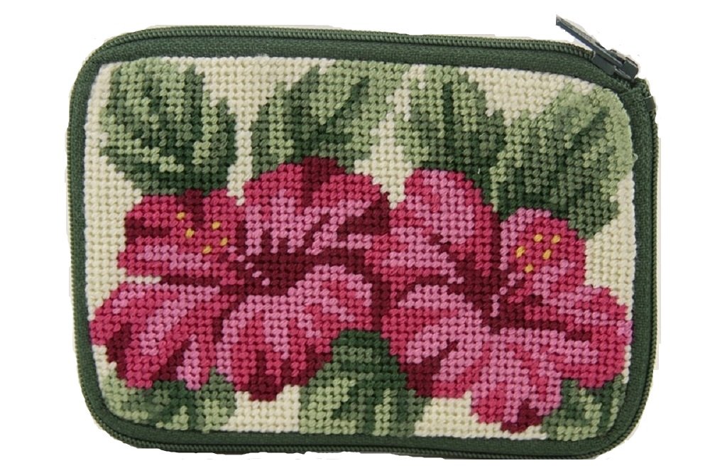 Floral Needlepoint Coin Purse Kit - DIY Hibiscus Design for Wallet, Gift & Craft Projects - Perfect for Beginners & Sewing Enthusiasts