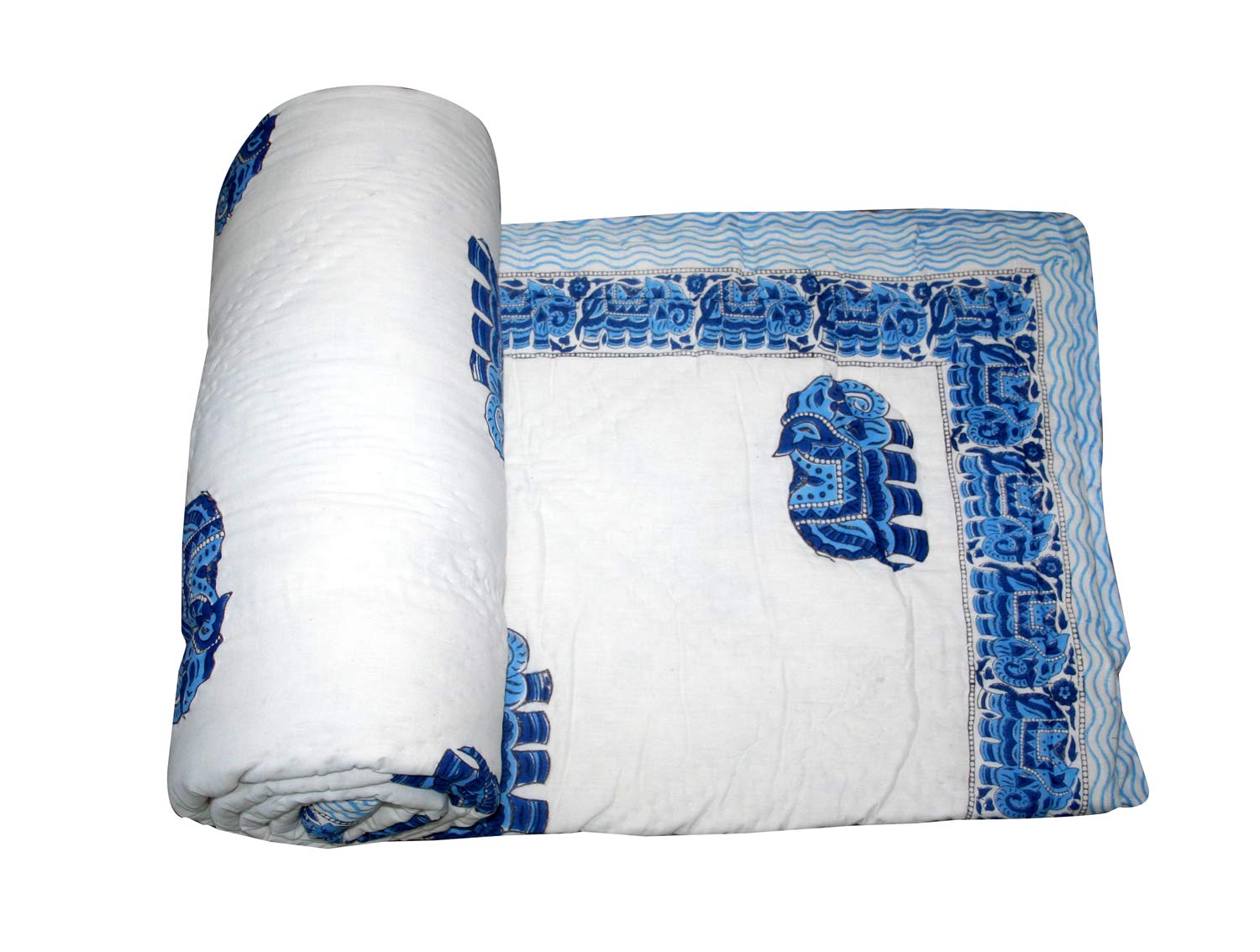 Handmade Indian Elephant Hand Block Print Kantha Quilt - Boho Chic Bedspread for Twin, Queen & King Size Beds (90x108 Inch) - Perfect for Bohemian Bedroom Decor, Guest Rooms & Cozy Home Styling