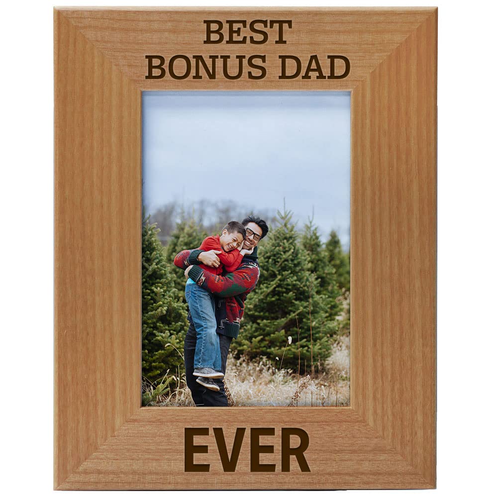 Best Bonus Dad Ever - Engraved Natural Wood Photo Frame for 4x6 Vertical Portrait - Step Dad Picture Frame - Unique Birthday, Christmas & Father's Day Gift for Stepfather - Perfect for Wedding Present & Home Decor