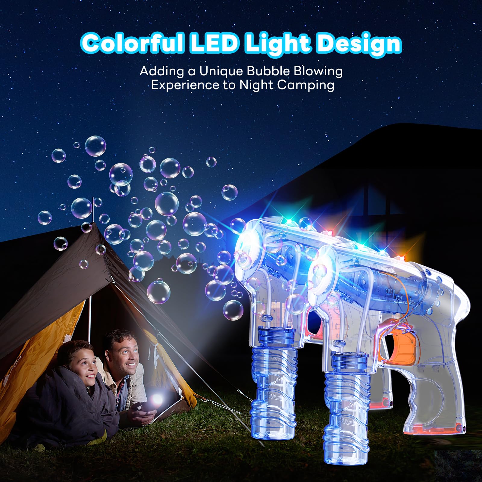 Kid Odyssey 2 Pack Bubble Blaster Gun with 4 Refill Bottles & Multicolor LED Lights - Fun Bubble Machine for Kids Birthday Parties, Outdoor Play, Summer Activities - Perfect Gift for Toddlers Boys Girls