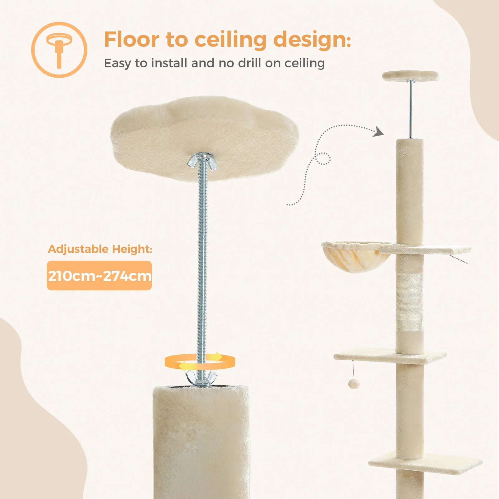 Premium Cat Scratcher & Condo Bed - Ceiling High Cat Tree with Scratching Posts & Cozy Perch, Beige | Perfect for Indoor Cats, Small Spaces & Multi-Cat Homes