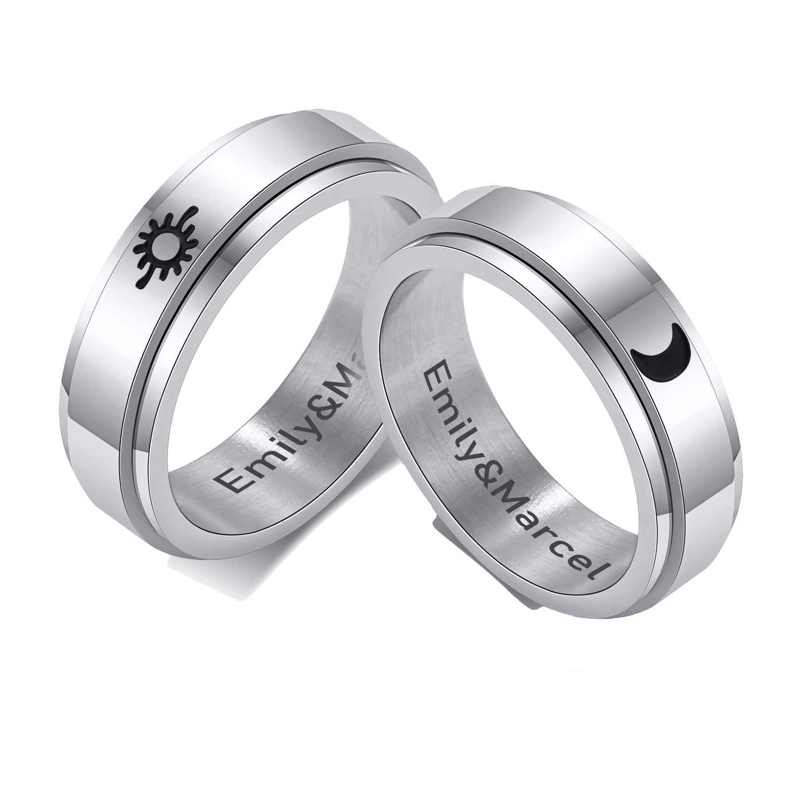 VNOX 2-Piece Custom Couple Rings Set - Personalized Moon & Sun Promise Rings for Women & Men | Stainless Steel Matching Wedding Bands & Engagement Rings | Romantic Gift for Anniversaries, Valentine's Day & Proposals