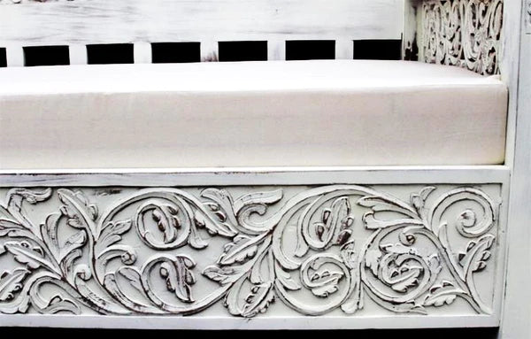 Hand Carved Indian Solid Mango Wood Daybed - White Finish Modern Boho Style Sofa Bed for Living Room, Bedroom or Outdoor Patio Lounge