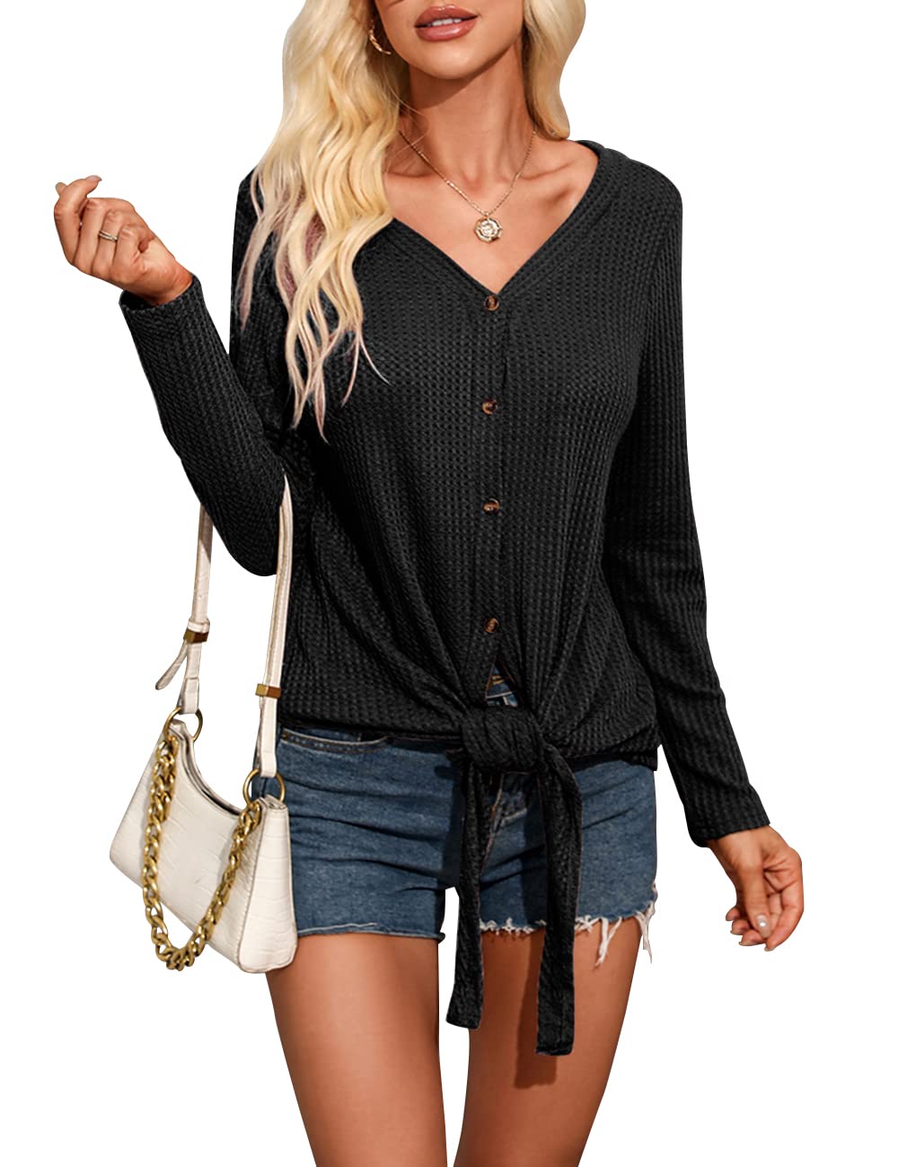 Women's Waffle Knit Tunic Top - Casual Loose Batwing Henley Blouse with Tie Knot Detail | Perfect for Everyday Wear, Office Outfits & Weekend Relaxation