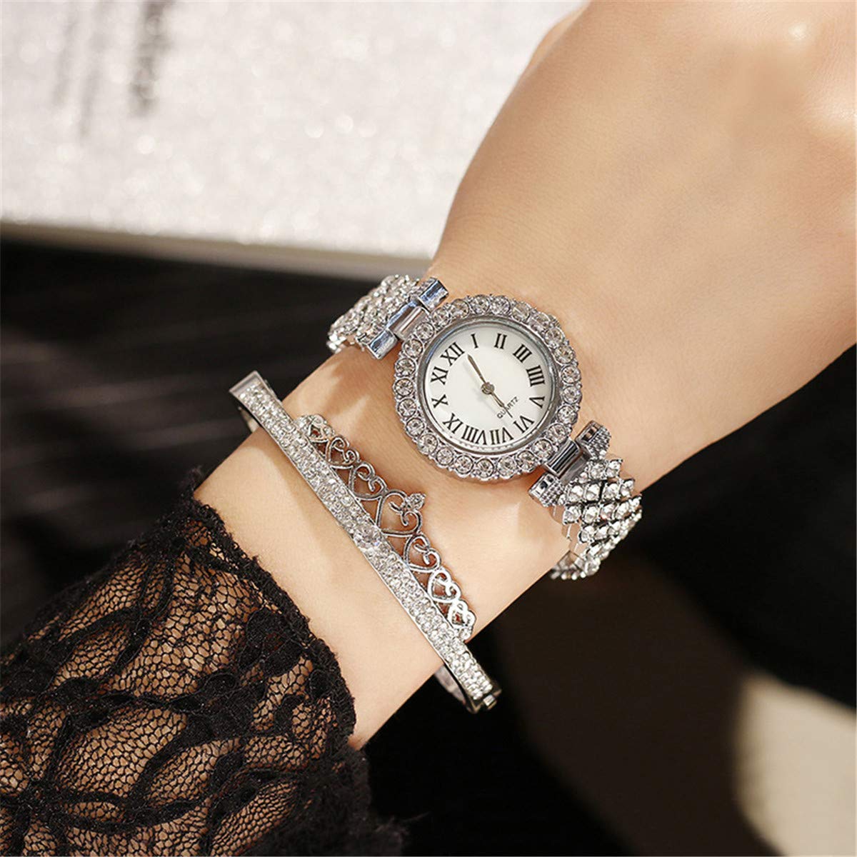 Luxury Diamond Quartz Watch for Women - Elegant Ladies Wristwatch with Crown Bangle Set, Perfect Gift for Birthday, Anniversary & Special Occasions | Formal Events, Office Wear & Evening Parties