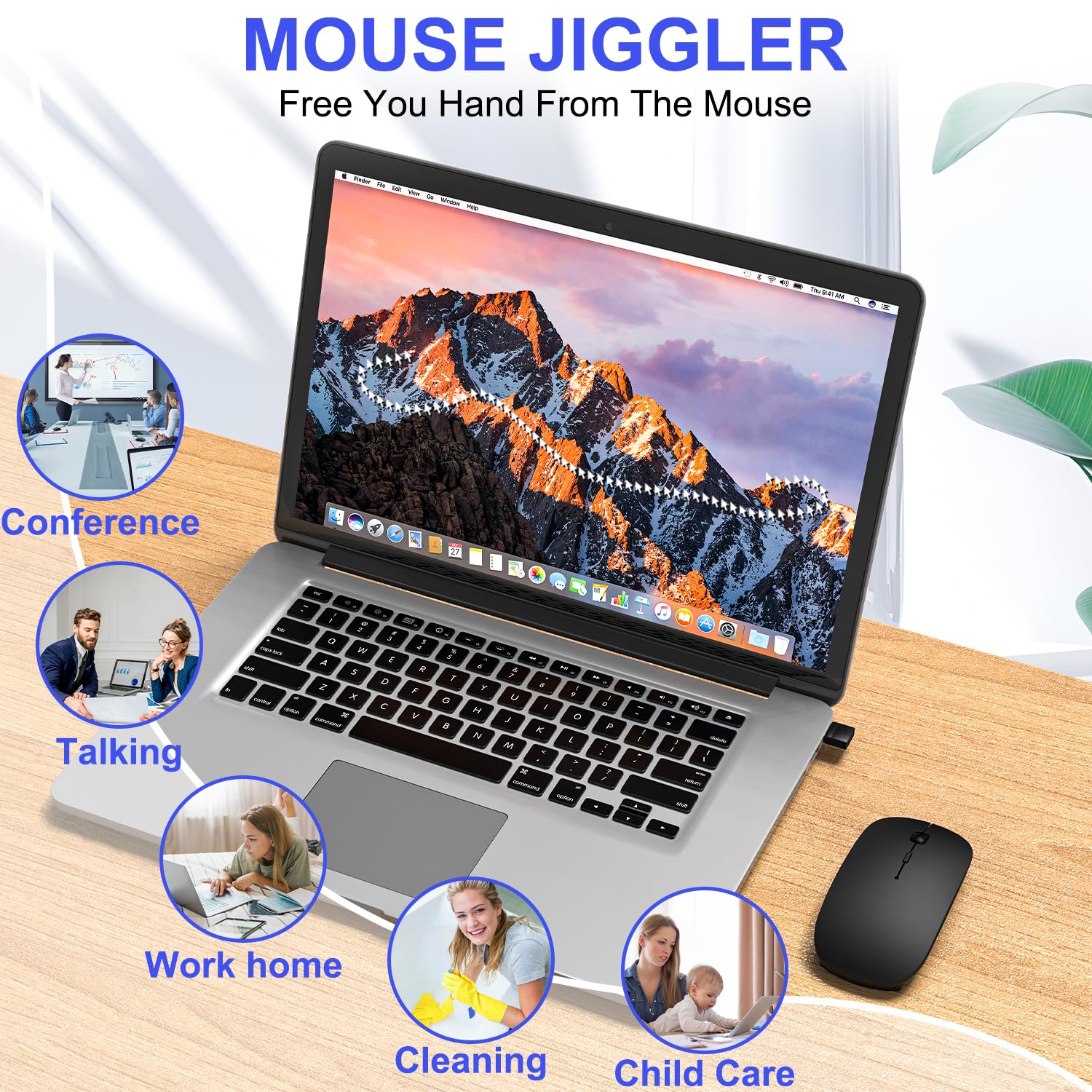 Undetectable Bluetooth Wireless Mouse Jiggler - Rechargeable Silent Mouse with Built-in Mover for MacBook, iPad, PC | Slim Design for Office, Remote Work & Online Meetings (Black)